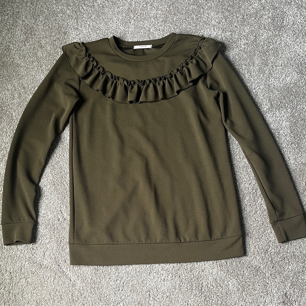 Twenty Ten Olive Green Ruffle Crew Neck Top
